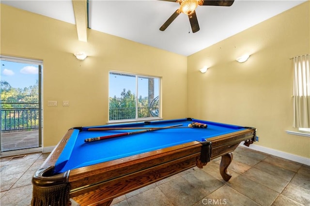 rec room featuring a wealth of natural light, pool table, and ceiling fan