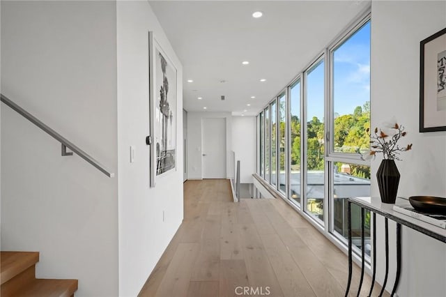 corridor featuring light hardwood / wood-style floors and expansive windows