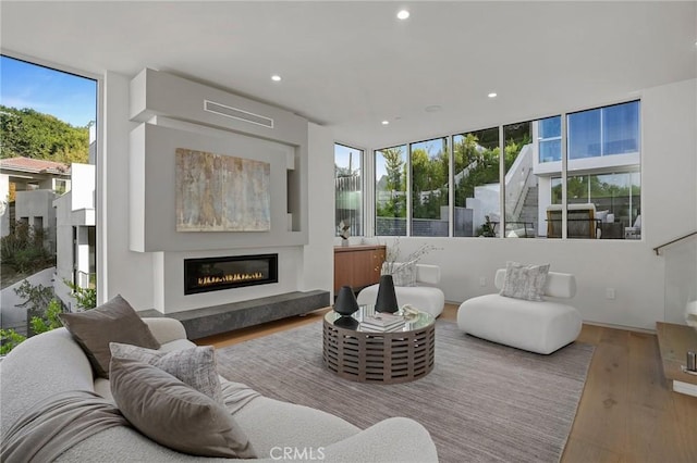 living room with expansive windows and wood-type flooring