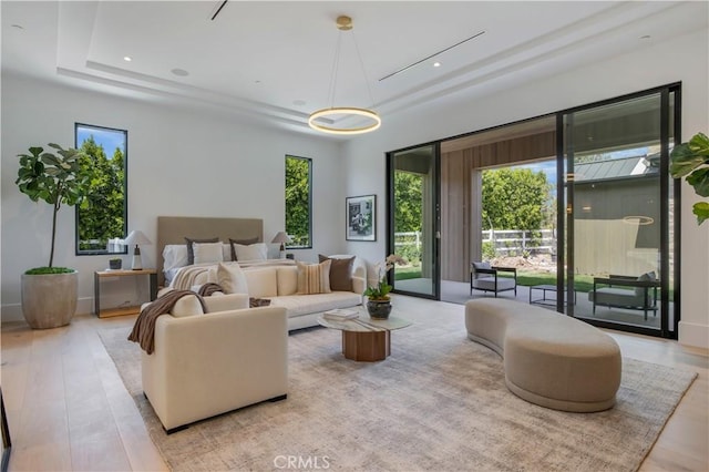 bedroom featuring a tray ceiling, access to exterior, and light wood-type flooring