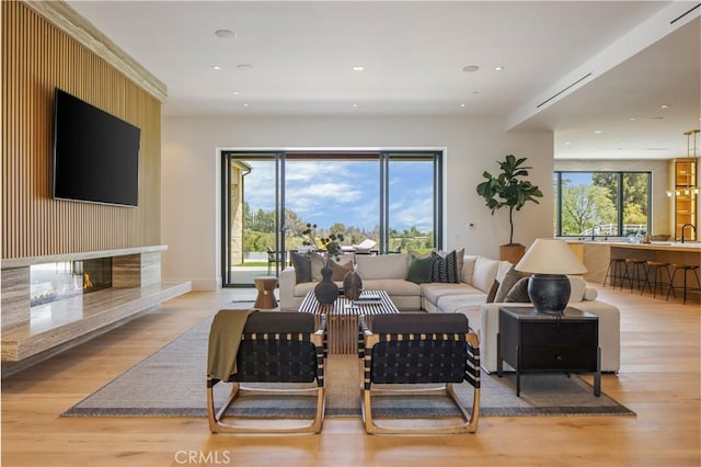 living room with a healthy amount of sunlight, light wood-type flooring, and a premium fireplace