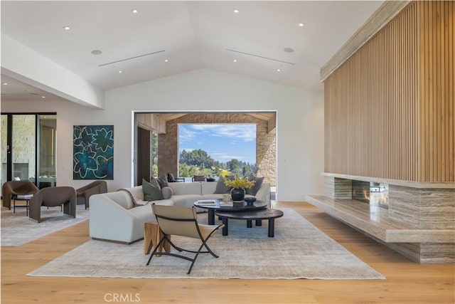 living room featuring light wood-type flooring and vaulted ceiling