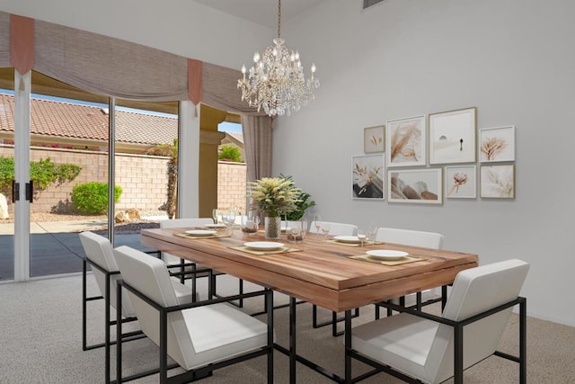 dining space featuring carpet floors and a notable chandelier