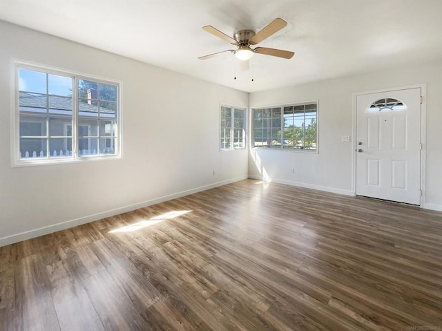 interior space featuring a wealth of natural light, ceiling fan, and dark hardwood / wood-style floors