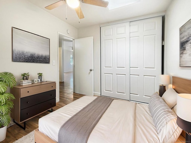 bedroom featuring ceiling fan, a closet, and dark hardwood / wood-style floors