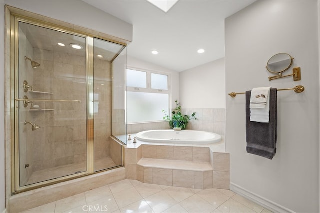 full bathroom featuring a garden tub, a stall shower, tile patterned flooring, lofted ceiling, and recessed lighting