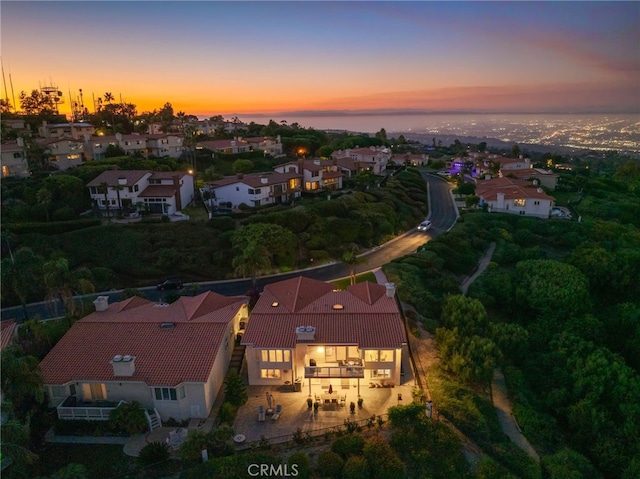 view of aerial view at dusk