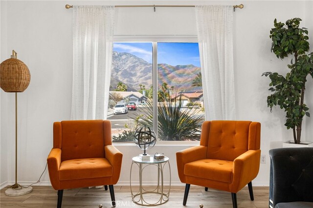 sitting room featuring a mountain view and light hardwood / wood-style floors