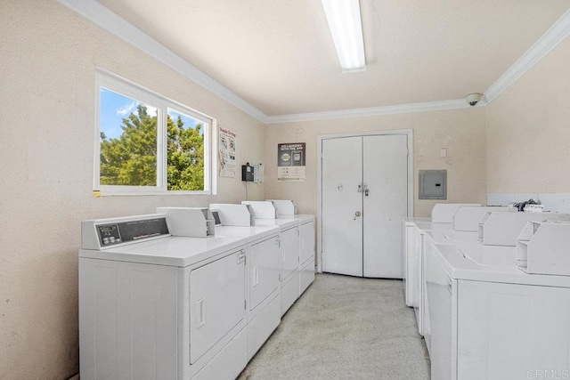 laundry area with light carpet, electric panel, independent washer and dryer, and ornamental molding