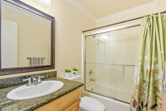 full bathroom featuring crown molding, vanity, toilet, and shower / bath combination with curtain