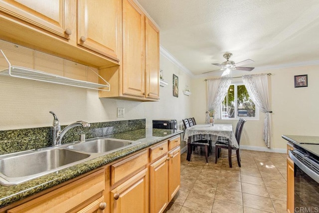 kitchen with ceiling fan, light tile patterned flooring, sink, stainless steel electric stove, and crown molding