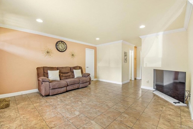 living room with ornamental molding