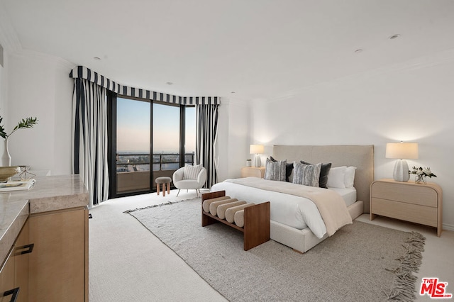 carpeted bedroom featuring access to exterior and crown molding