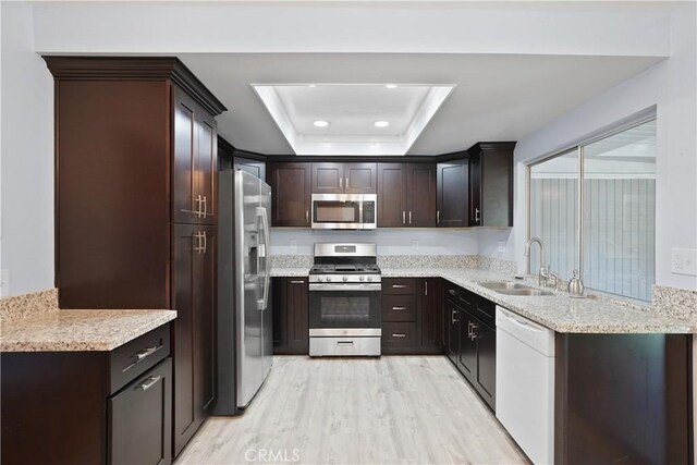 kitchen featuring a raised ceiling, sink, dark brown cabinets, light hardwood / wood-style floors, and stainless steel appliances