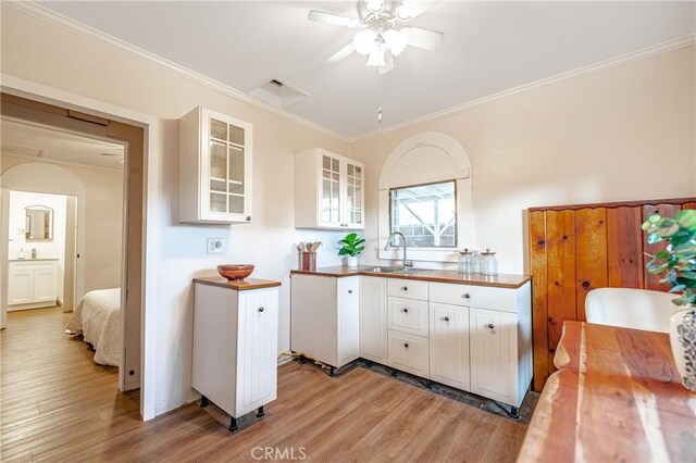 kitchen with ceiling fan, sink, light hardwood / wood-style flooring, and white cabinetry