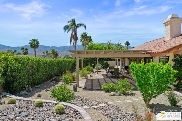 view of yard with a mountain view, a patio, and a pergola