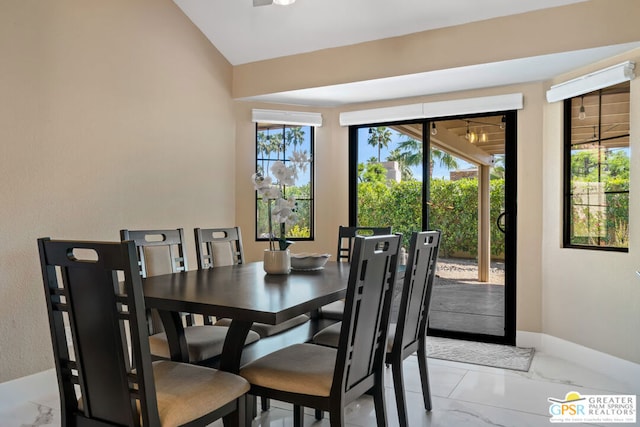 dining area featuring vaulted ceiling