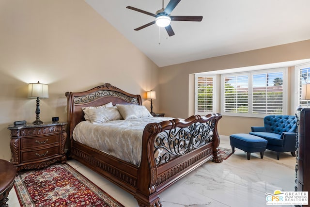 bedroom with ceiling fan and vaulted ceiling