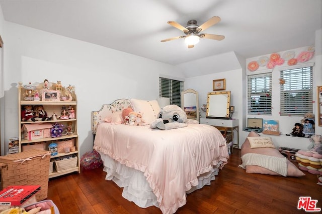 bedroom featuring ceiling fan and dark hardwood / wood-style flooring