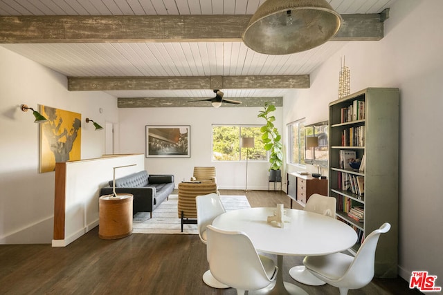 dining space featuring beamed ceiling, dark hardwood / wood-style flooring, ceiling fan, and wooden ceiling