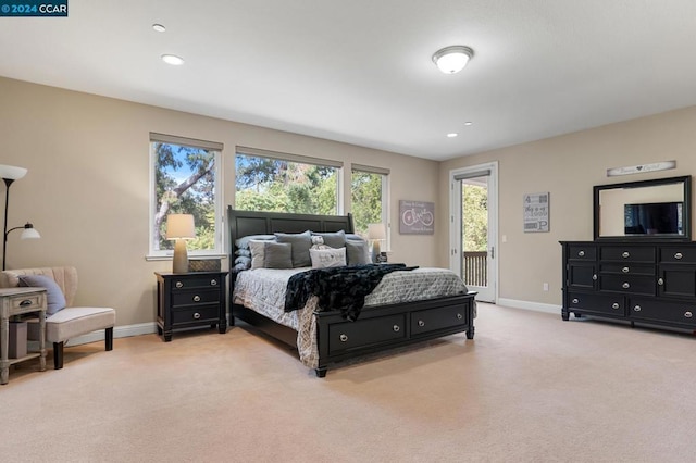 bedroom featuring access to exterior and light carpet