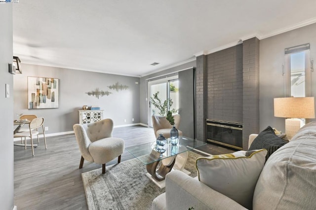 living room featuring crown molding, a fireplace, and dark wood-type flooring