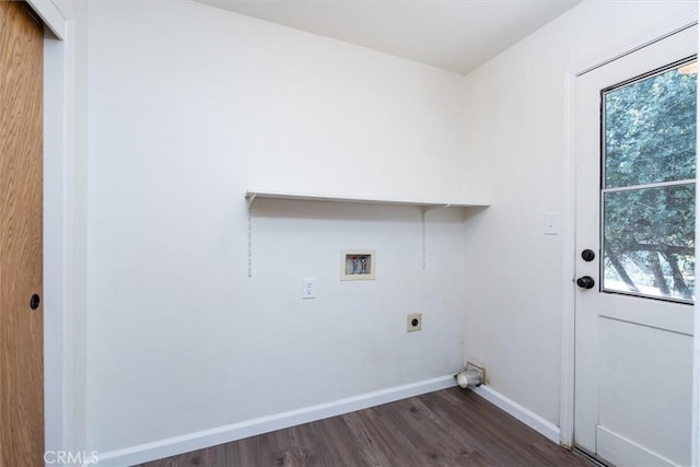 clothes washing area with electric dryer hookup, a healthy amount of sunlight, dark hardwood / wood-style floors, and washer hookup