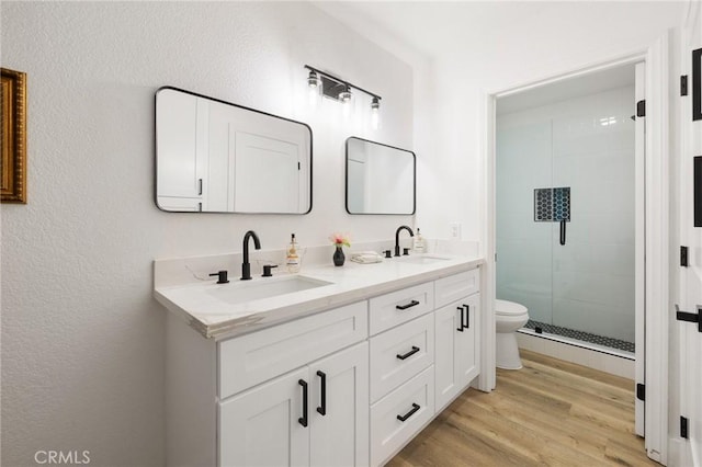 full bath featuring double vanity, wood finished floors, a sink, and a shower stall