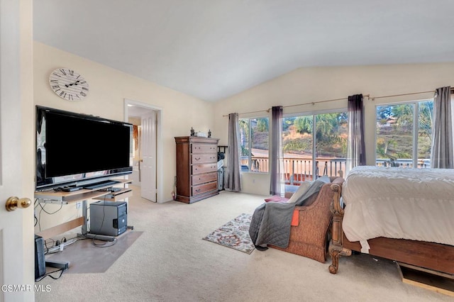 bedroom featuring light carpet, access to outside, and lofted ceiling