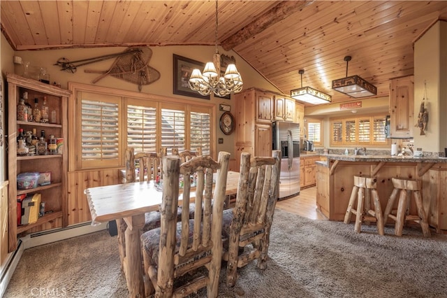 dining area featuring a chandelier, lofted ceiling with beams, light carpet, and wood ceiling