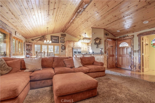 carpeted living room with wooden ceiling, a chandelier, and vaulted ceiling with beams