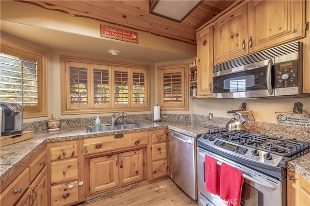 kitchen with sink, light hardwood / wood-style flooring, stainless steel appliances, and wooden ceiling