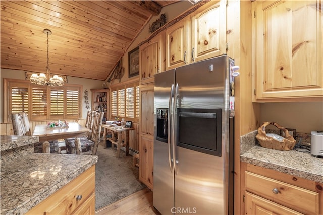 kitchen featuring light wood-type flooring, wood ceiling, hanging light fixtures, a notable chandelier, and stainless steel fridge with ice dispenser