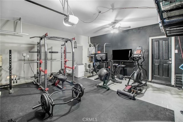 workout room featuring ceiling fan