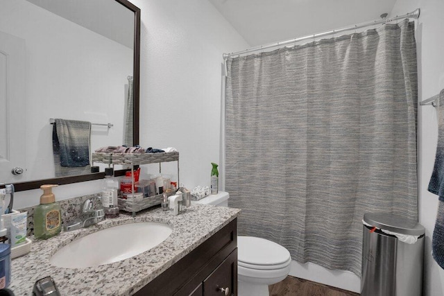 bathroom with vanity, toilet, and hardwood / wood-style flooring