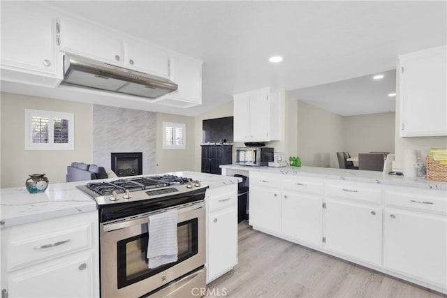 kitchen featuring white cabinets, light stone countertops, stainless steel appliances, and a wealth of natural light