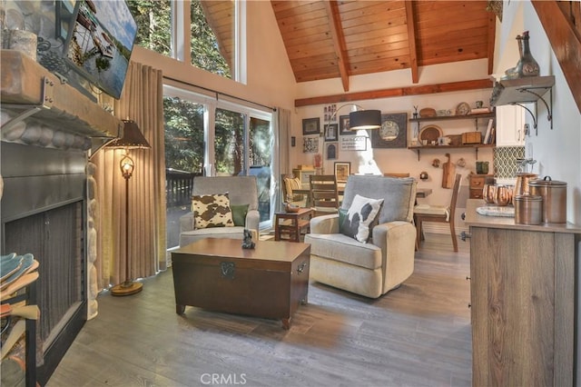 sitting room featuring dark hardwood / wood-style flooring, wooden ceiling, and a healthy amount of sunlight