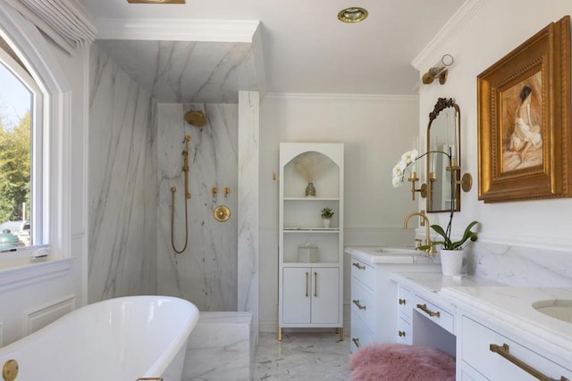 bathroom featuring crown molding, vanity, and separate shower and tub