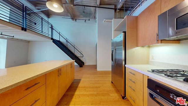 kitchen with stainless steel appliances and light hardwood / wood-style floors