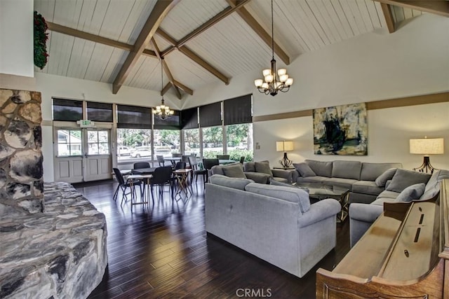 living room with beam ceiling, wooden ceiling, an inviting chandelier, high vaulted ceiling, and dark hardwood / wood-style flooring