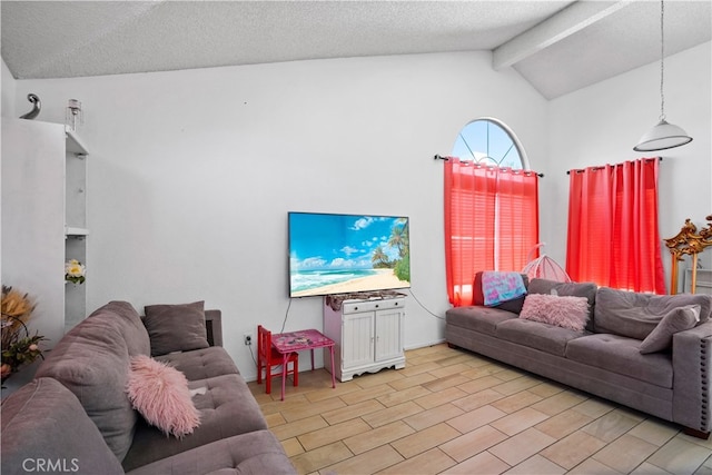 living room with light wood-type flooring, a textured ceiling, beam ceiling, and high vaulted ceiling