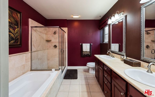 full bathroom with vanity, plus walk in shower, toilet, and tile patterned floors