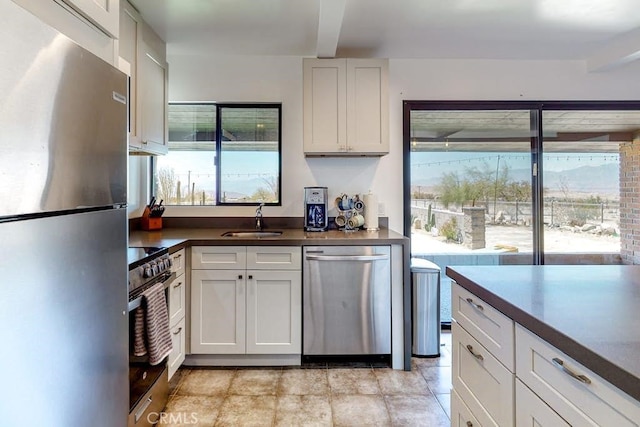 kitchen with plenty of natural light, sink, stainless steel appliances, and white cabinets