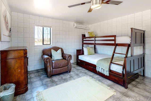 bedroom with tile walls, an AC wall unit, and ceiling fan