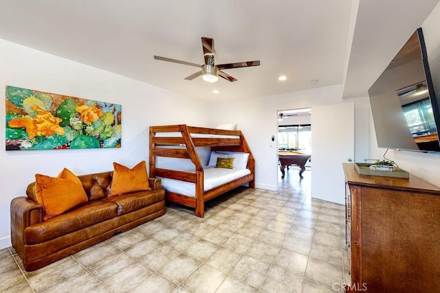 bedroom featuring ceiling fan and billiards