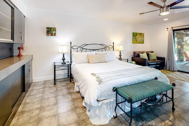 tiled bedroom with ceiling fan