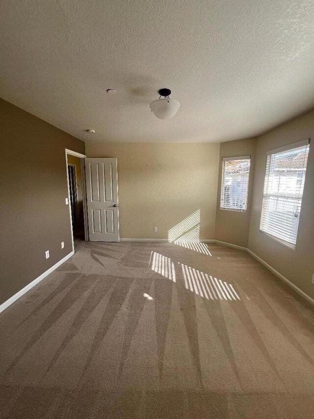 empty room with carpet floors and a textured ceiling