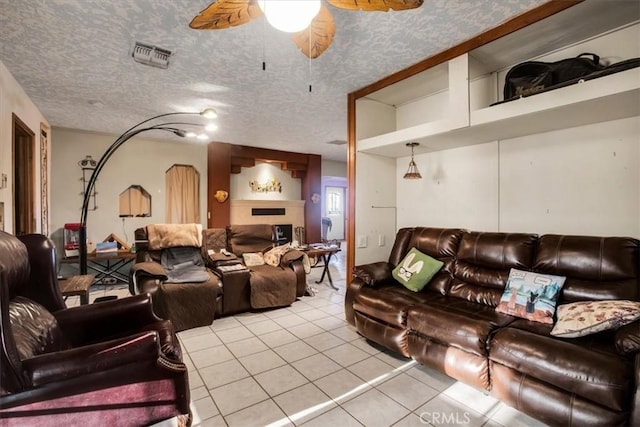 5975 Desert Star Rd Unit 1-2, Johnson Valley, CA 92285 - living area with light tile patterned floors, ceiling fan, a textured ceiling, and visible vents