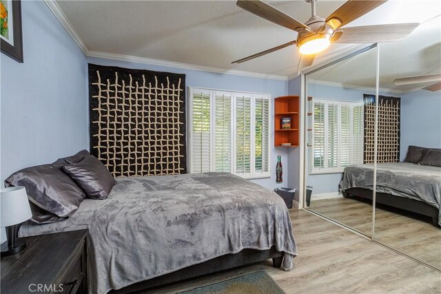 bedroom featuring hardwood / wood-style floors, ceiling fan, a closet, and multiple windows