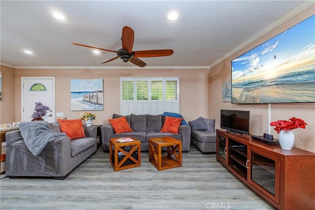 living room with crown molding, ceiling fan, and light wood-type flooring